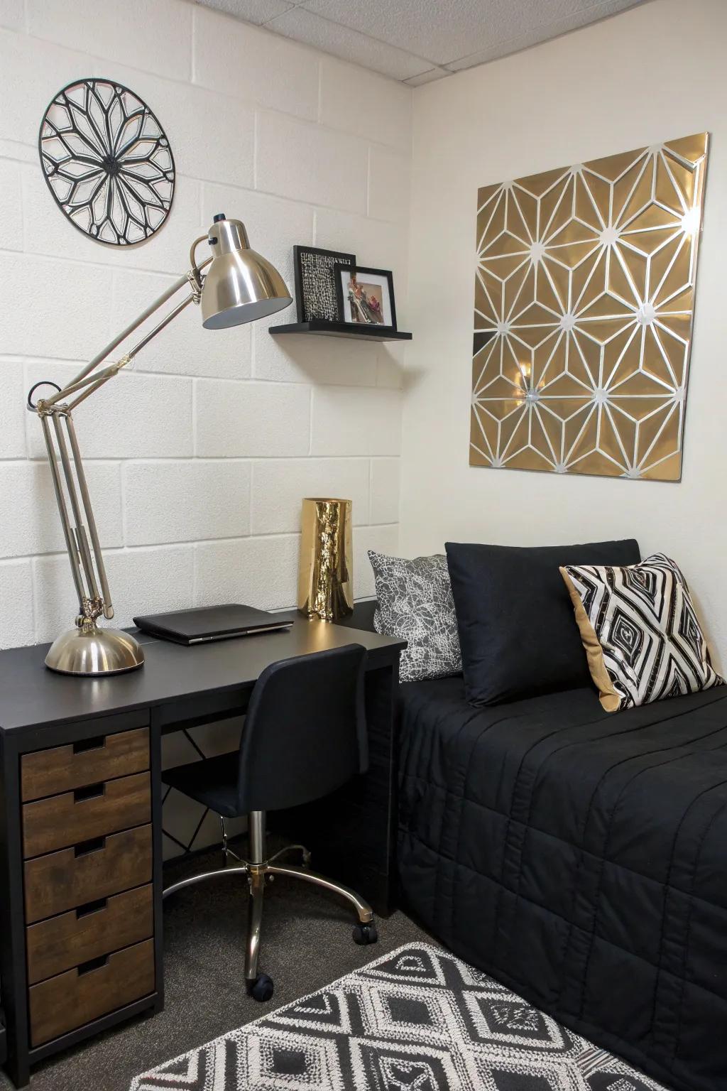 Metallic accents add a glamorous contrast to the sleek black decor.