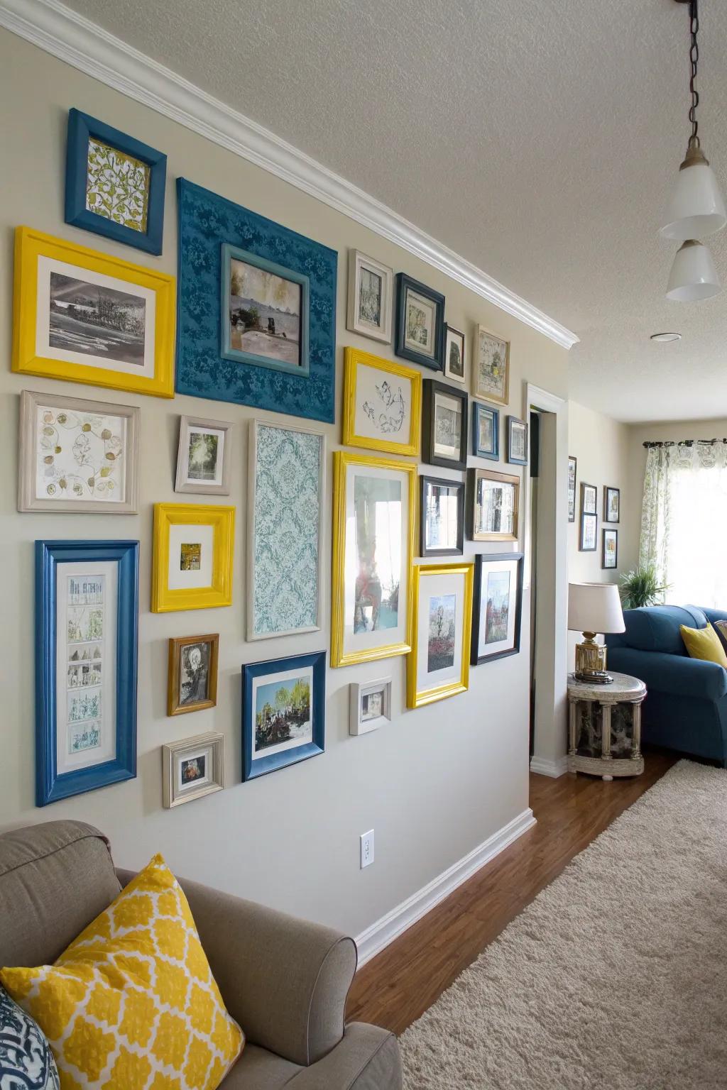 An artistic gallery wall incorporating azure and amber frames for a tailored appeal.