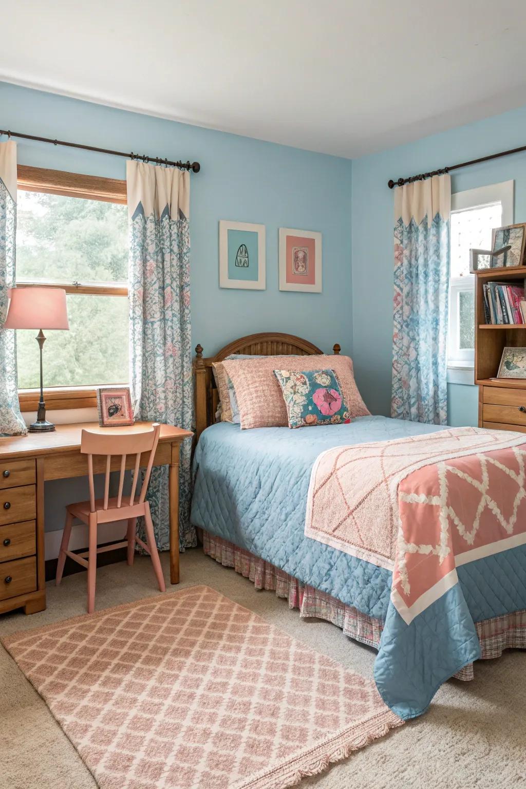 Blue combined with warm neutrals cultivates a balanced space.