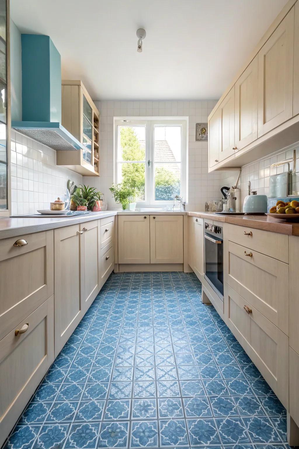 Blue floor tiles provide a bold foundation in the kitchen.