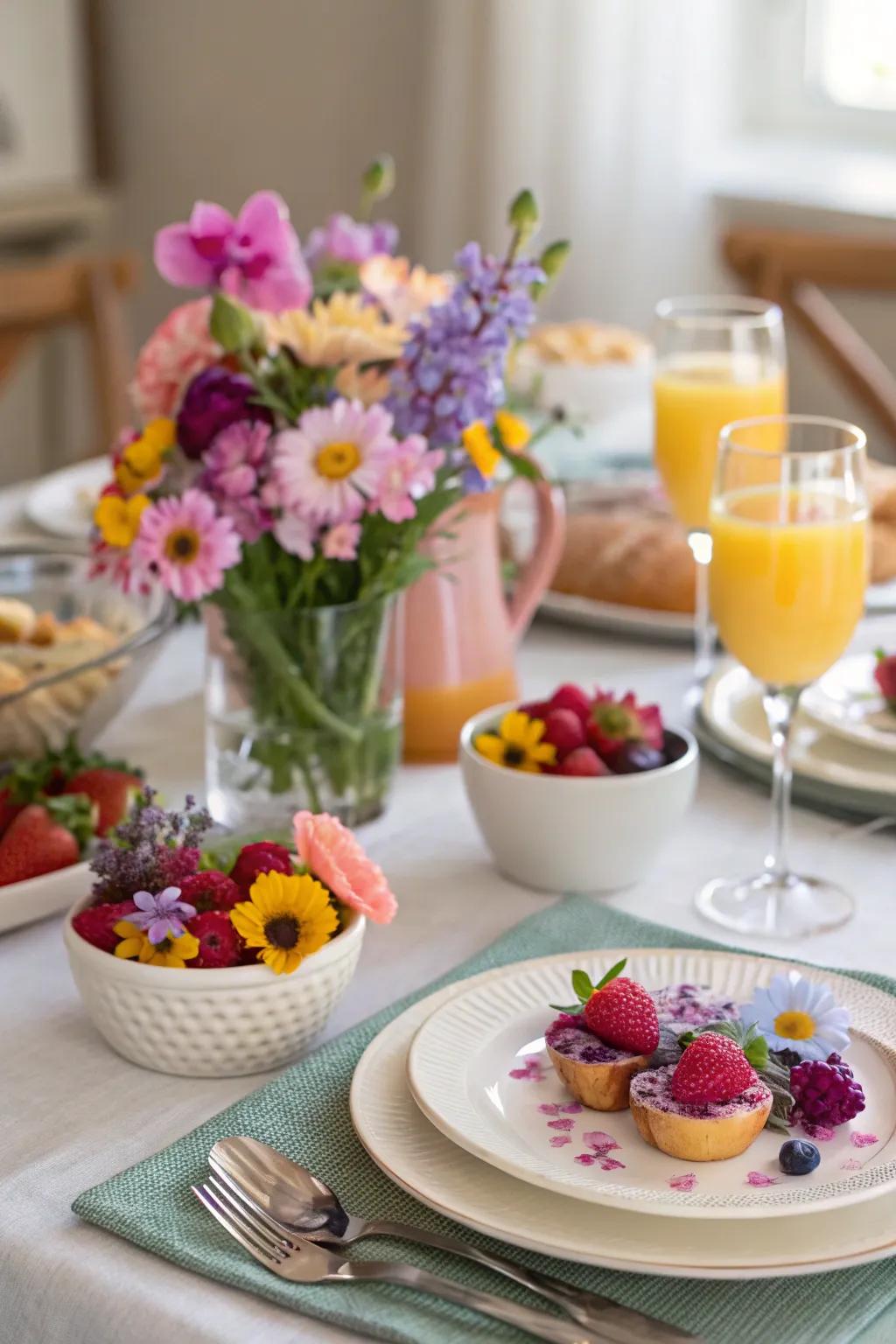 Whimsical edible flower garnishes for a colorful brunch.