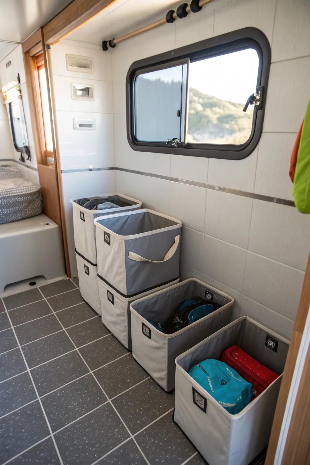 Collapsible bins offering flexible storage options in a camper bathroom.