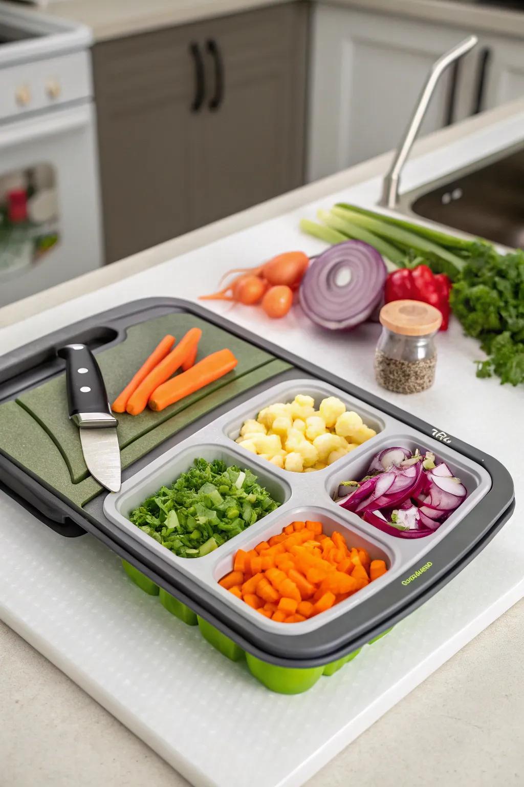 Make meal preparation easier by using a cutting board that also functions as a storage container.