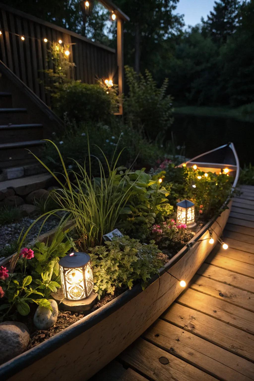 Solar lights transform a canoe planter into a glowing nighttime feature.