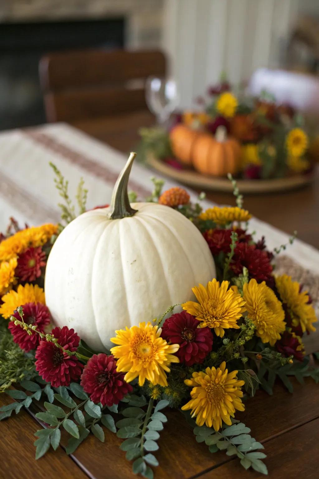 White pumpkin centerpiece for a fall-themed bridal shower.