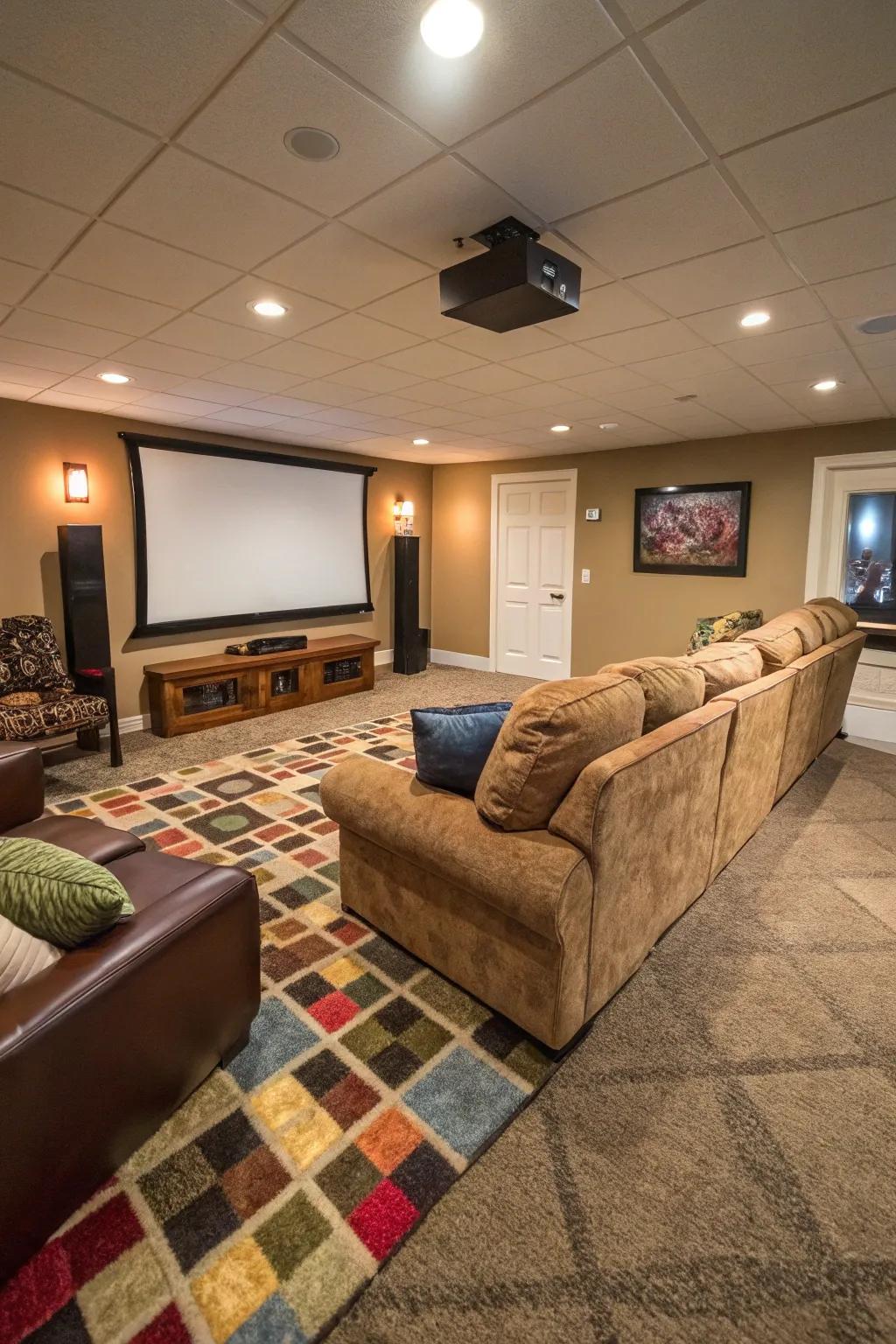Glue-less fabric squares provide a cozy and easy-to-install option for basement entertainment rooms.