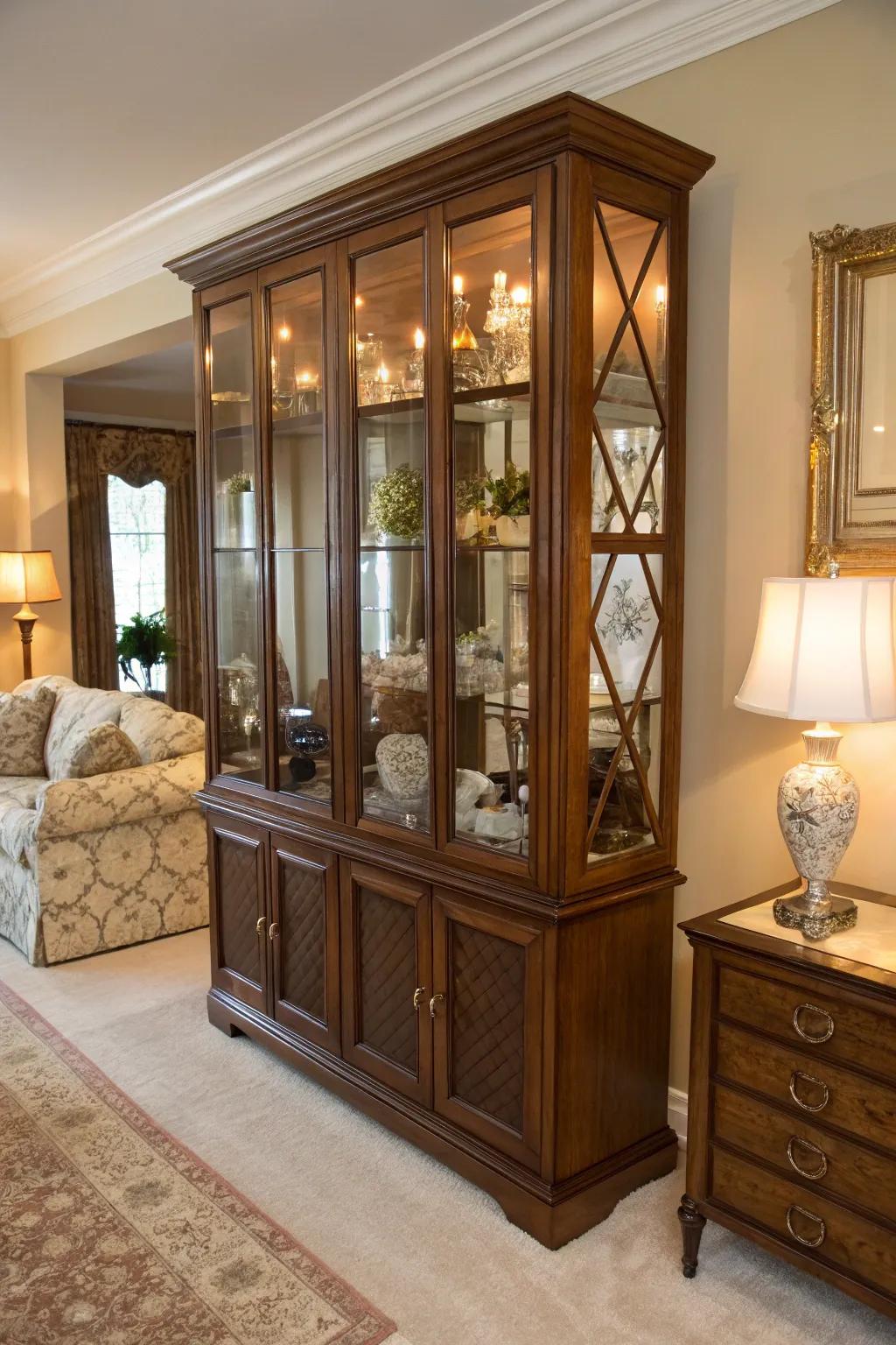 Mirrors adding glamour and expanding the perceived space of a display case.