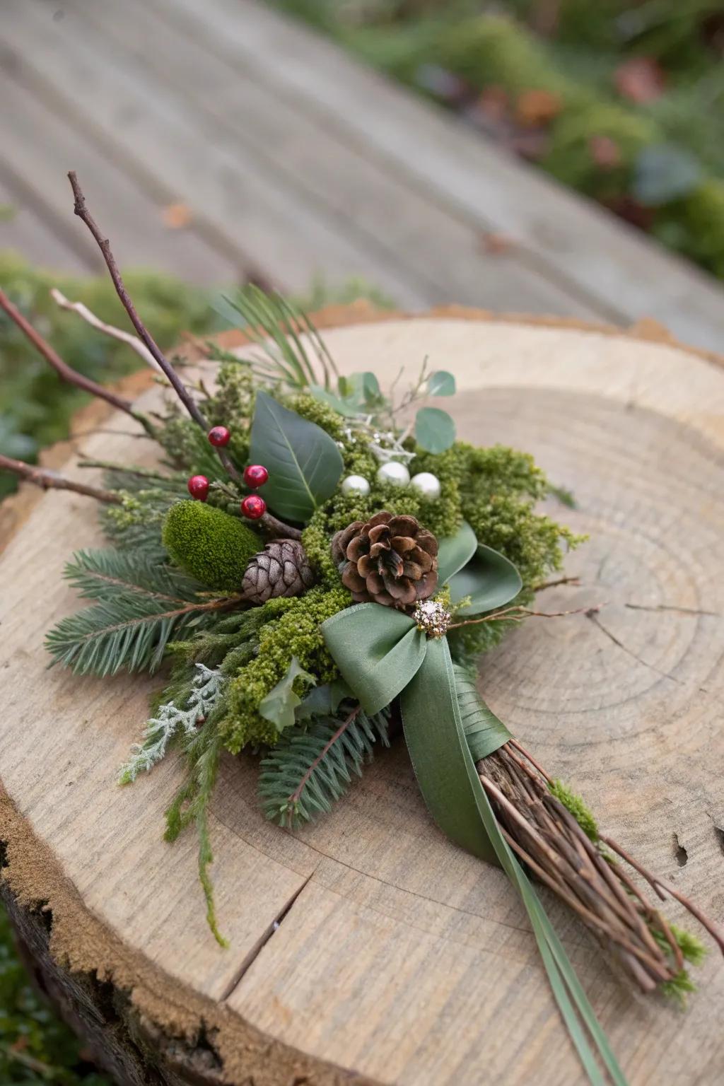 A woodland-inspired Christmas corsage with moss and twigs.