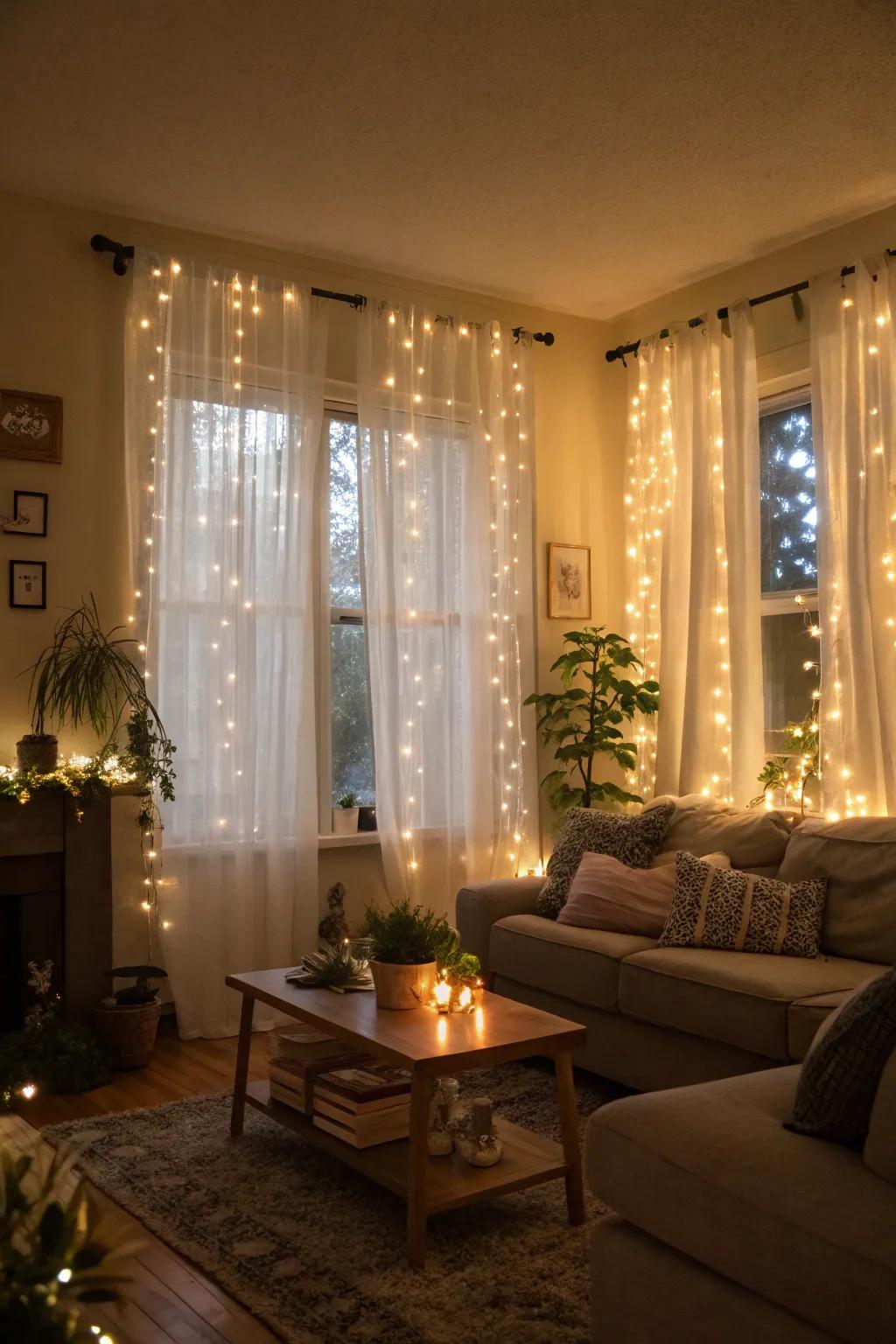 Curtain lights adding a magical touch to the living room.