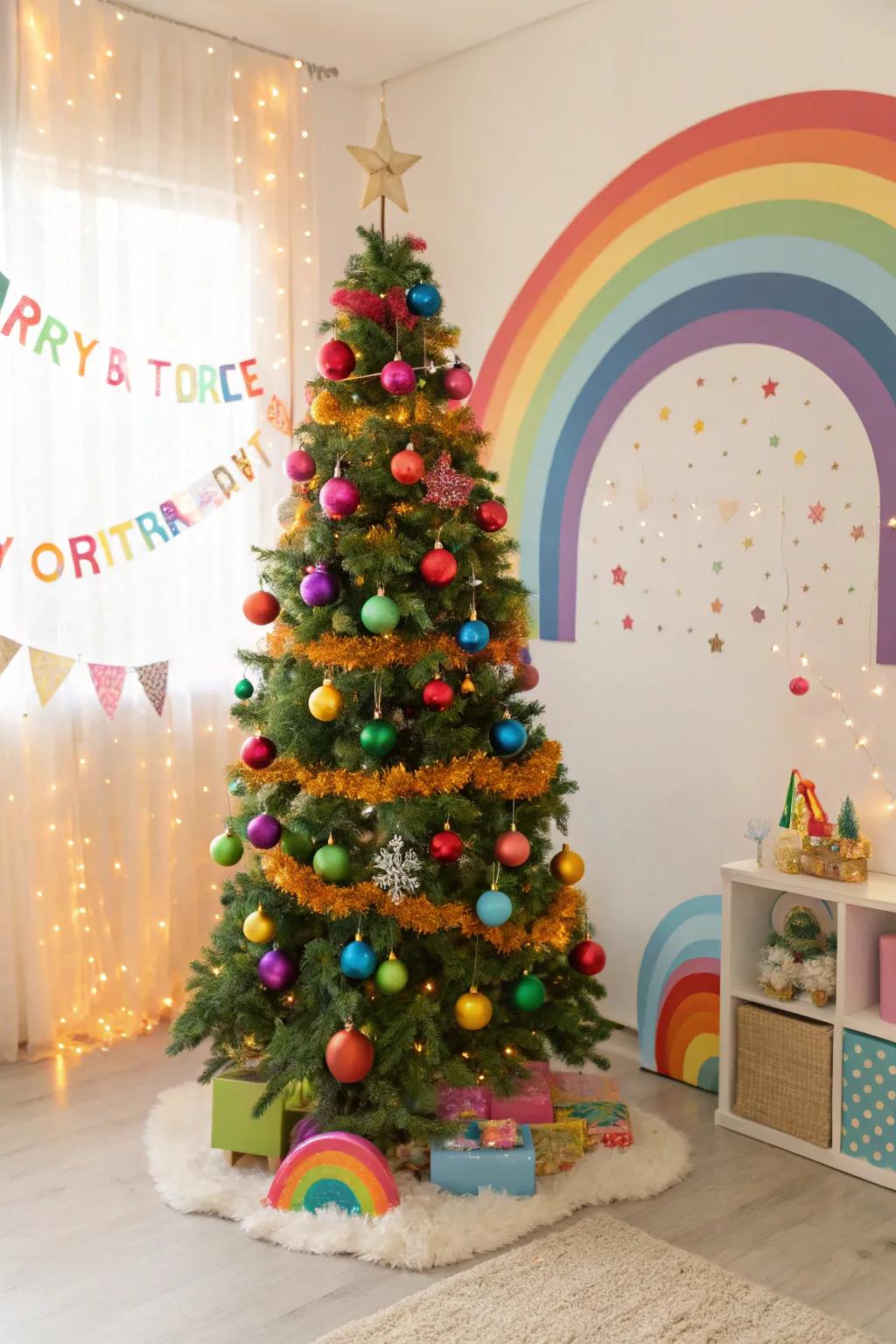 A spectrum eruption theme infuses vibrant joy into your festive décor.
