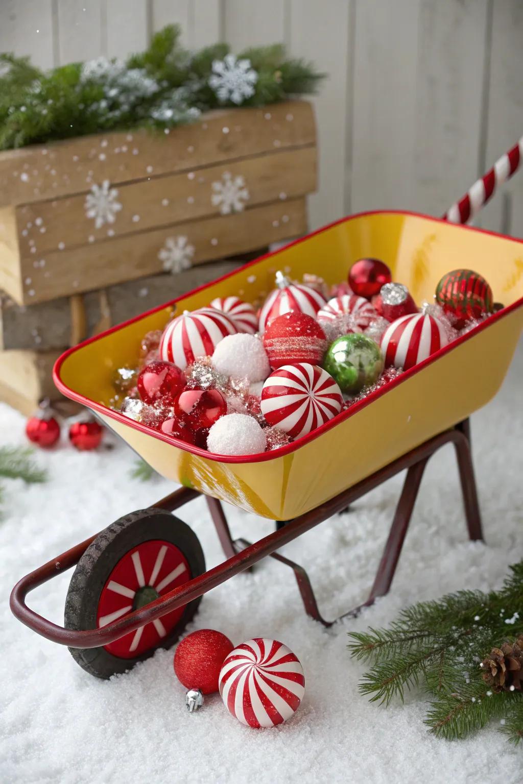 A candy cane wheelbarrow adds a sweet touch to the holidays.