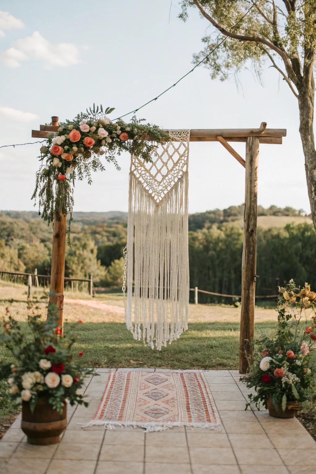 A macrame backdrop adds texture and a boho feel.