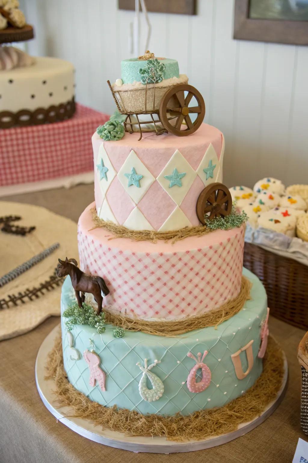 A gingham design appends a snug and enchanting impact to this cowgirl cake, creating a warm and inviting centerpiece.