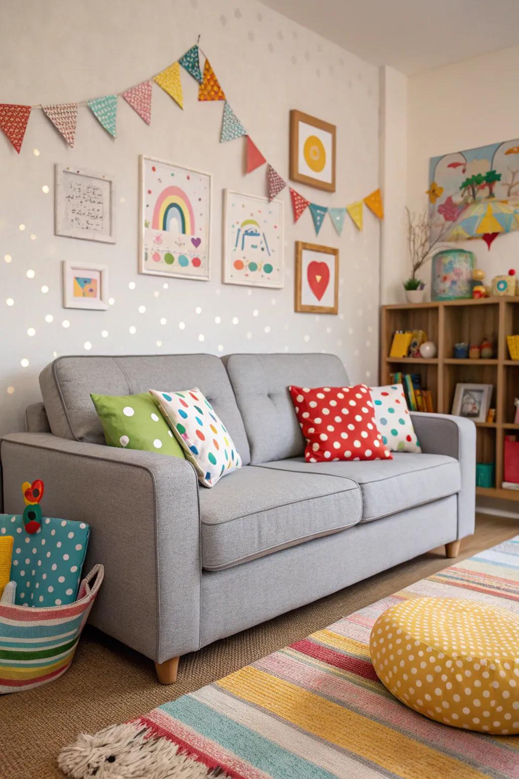 Dotted patterns convey a playful charm onto a charcoal sofa.