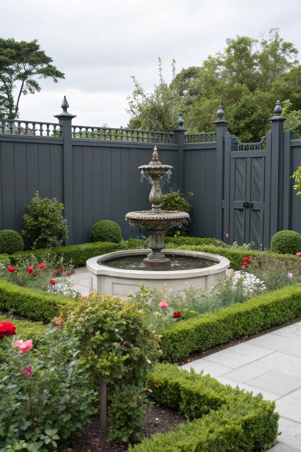 A deep charcoal barrier highlights a beautiful water feature as a garden focal point.