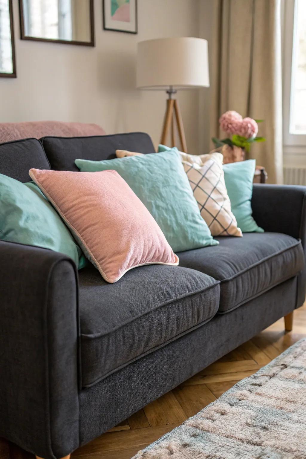 Pastel shades add a gentle and soothing touch to a grey sofa setting.