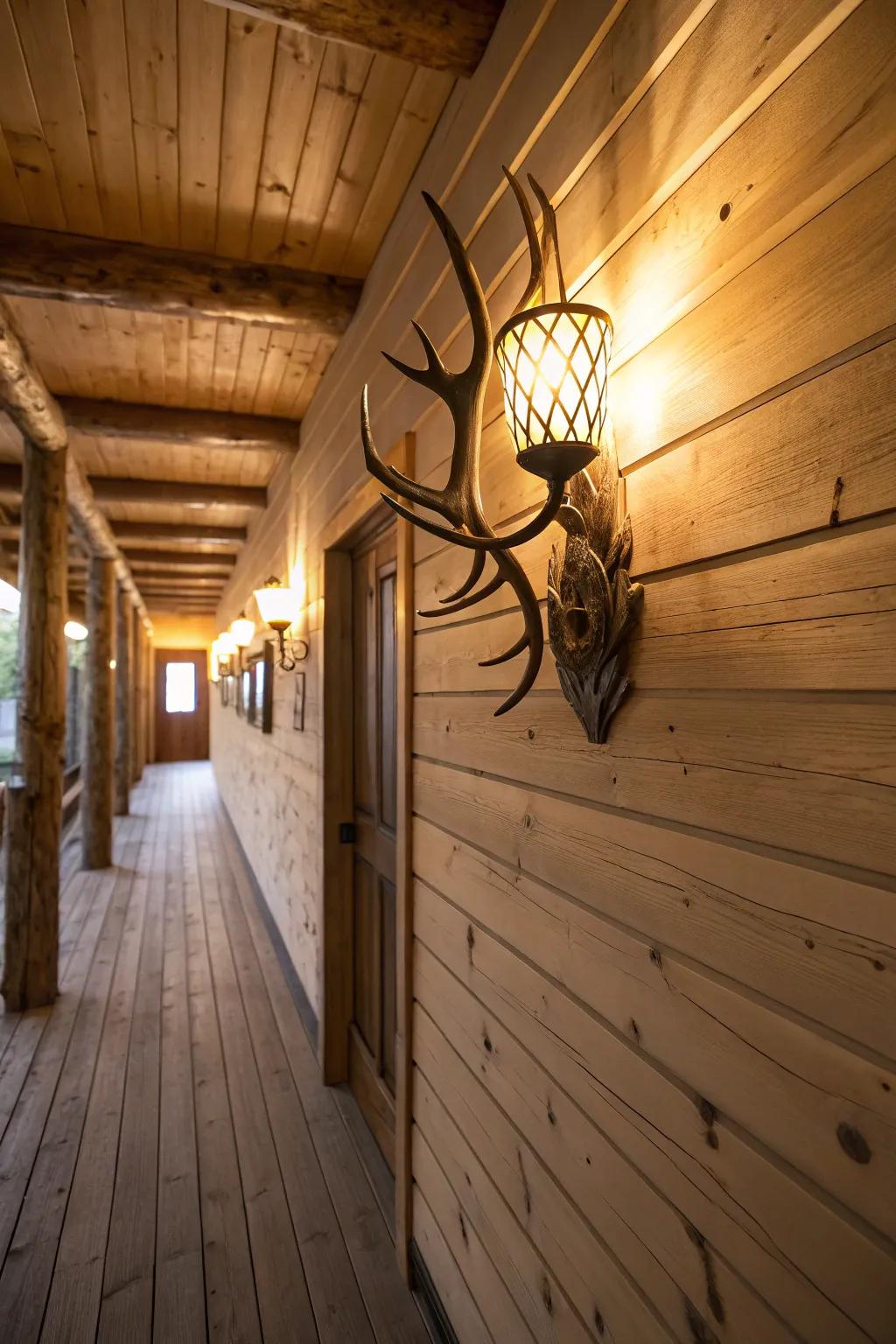 A deer antler wall light fixture illuminates a rustic hallway with unique style.