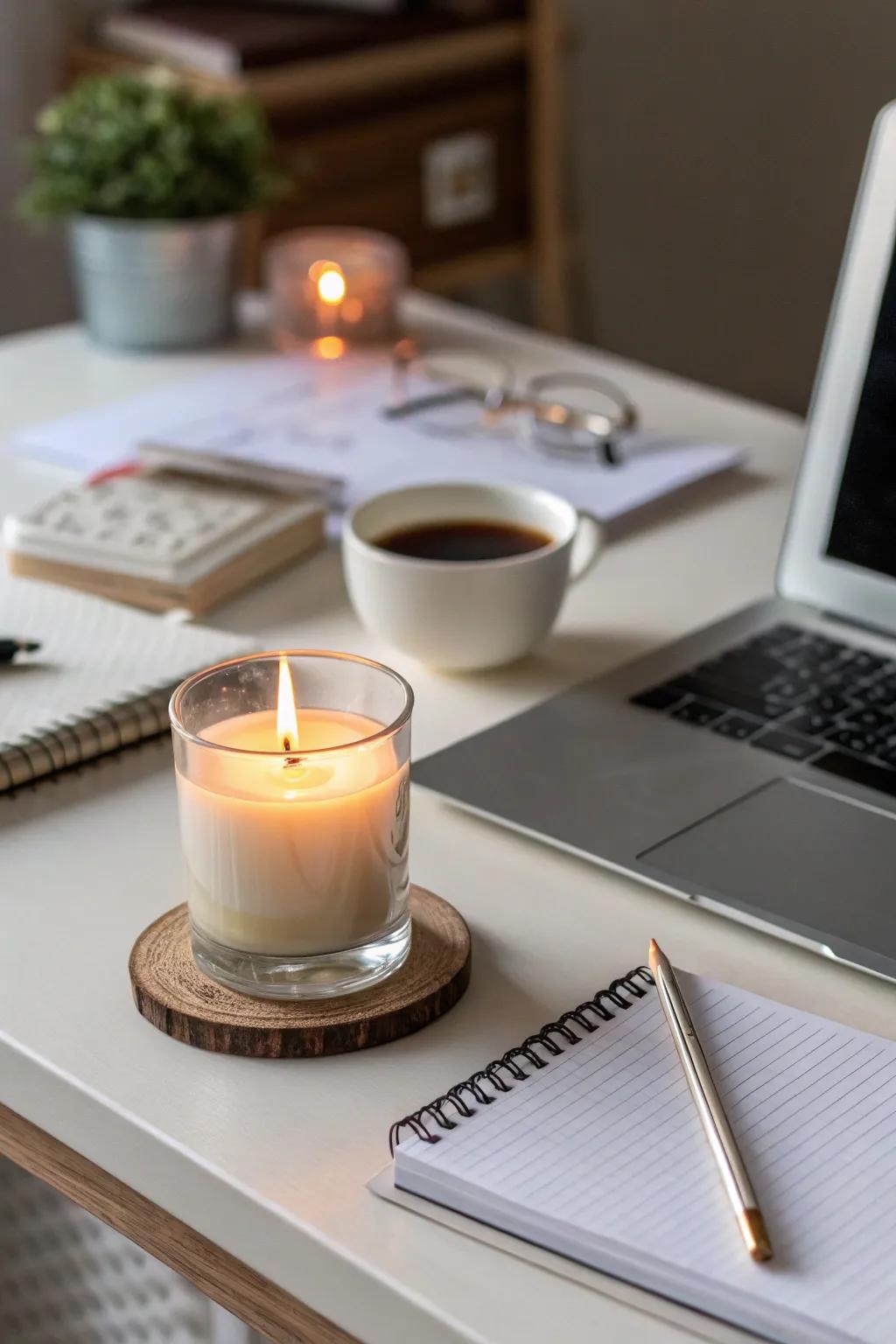 A scented candle infusing the workspace with a comforting aroma.