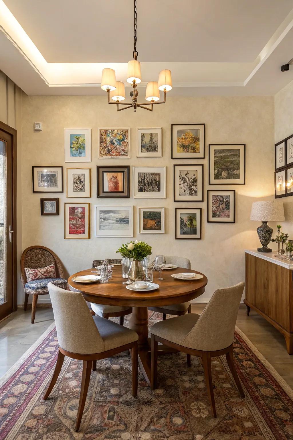 An accent wall that elevates the dining space with a curated art collection.