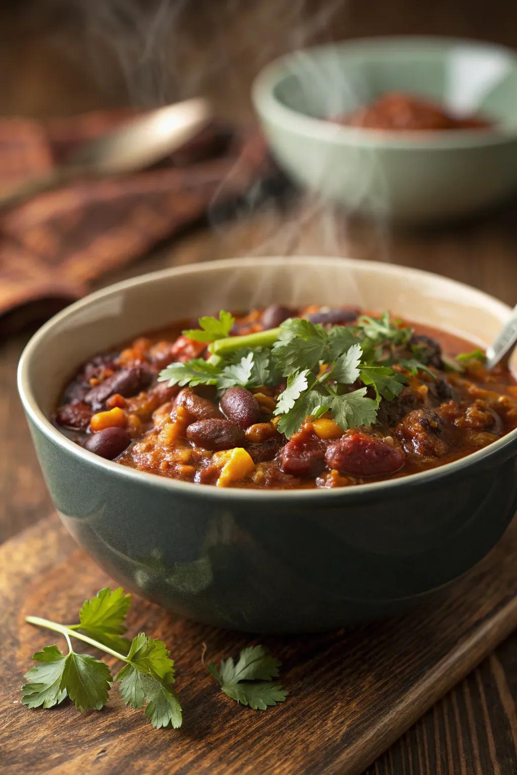 A hearty bowl of vegetarian chili, garnished with cilantro, a nutritious one-pot wonder.