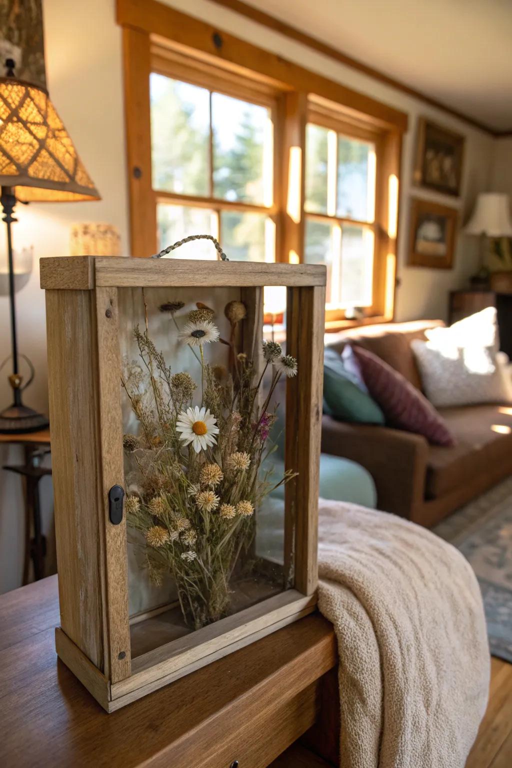 Embrace rustic charm with a wooden-framed dried flower display case.