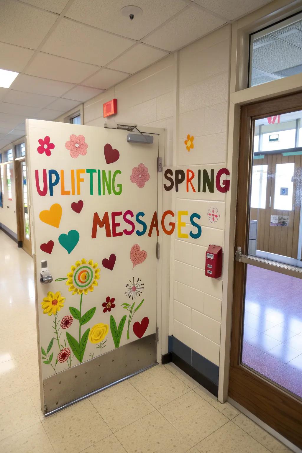 Uplifting messages greet students on this classroom door, setting a positive springtime tone.