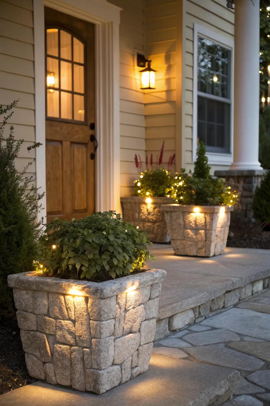Dual-purpose stone containers featuring lights that enrich the porch’s atmosphere.