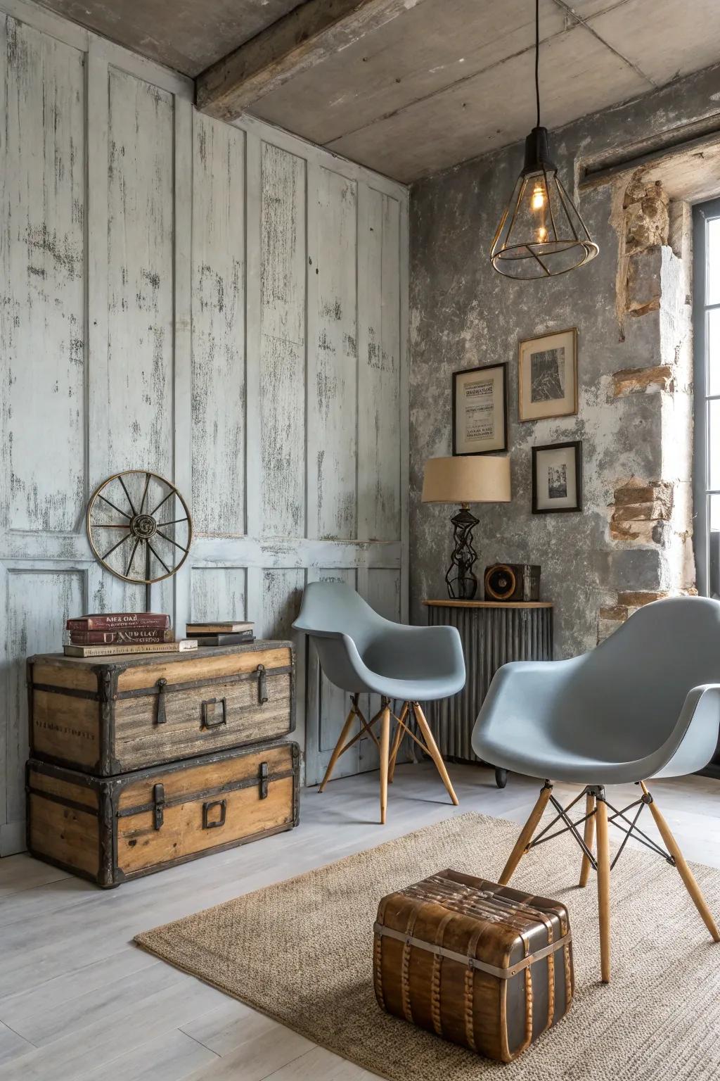 Weathered gray walls add a rustic charm to this mixed-style room.