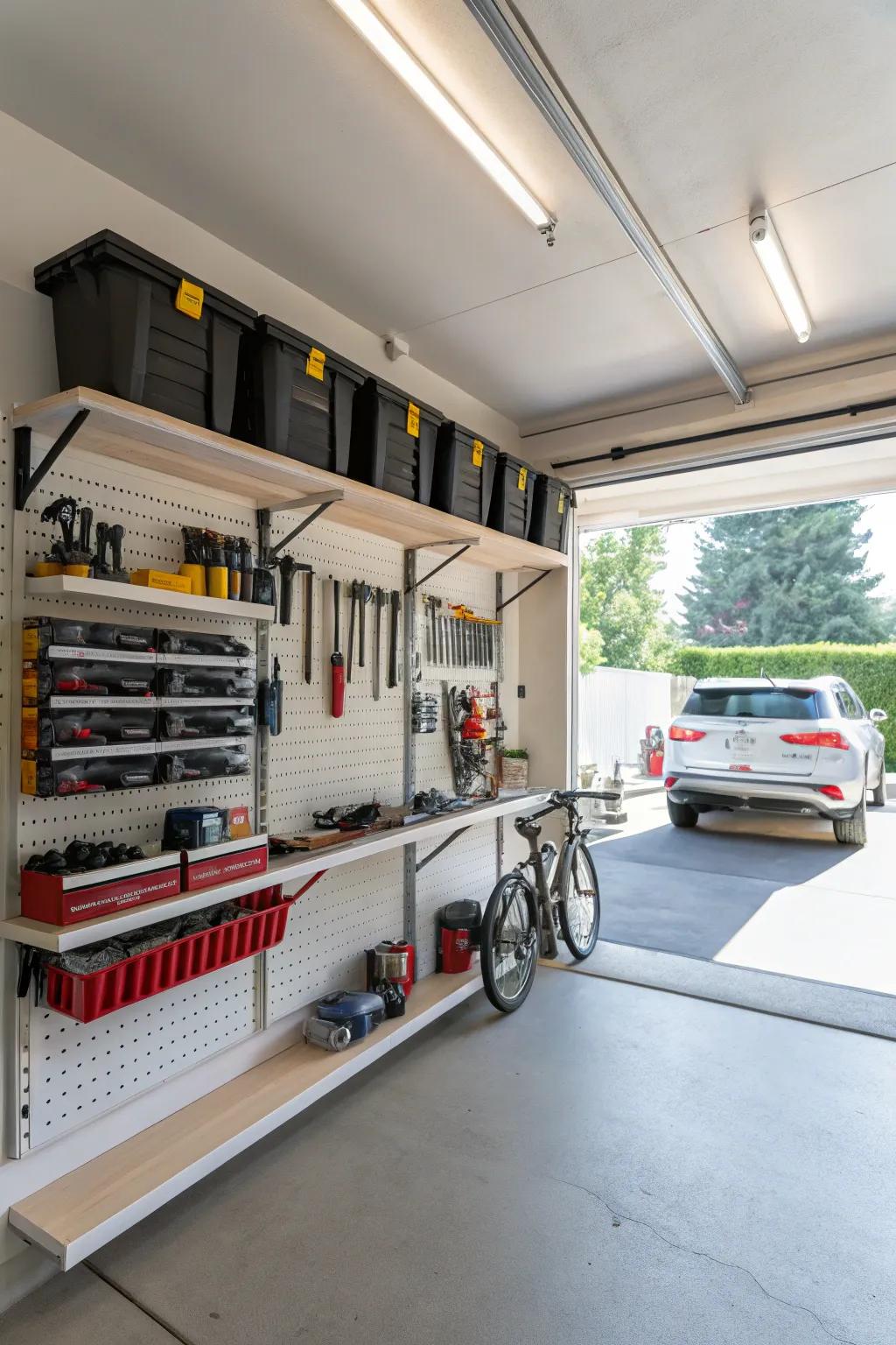 Garage structure with efficient floating shelves.
