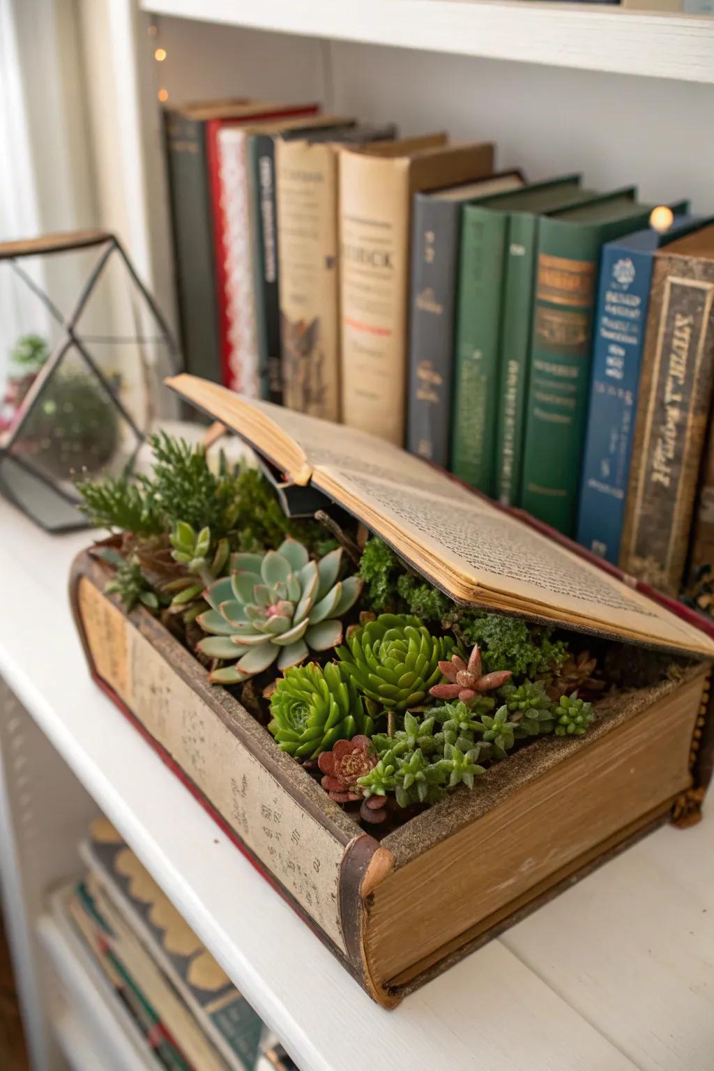 A singular planter fashioned from a vintage tome.