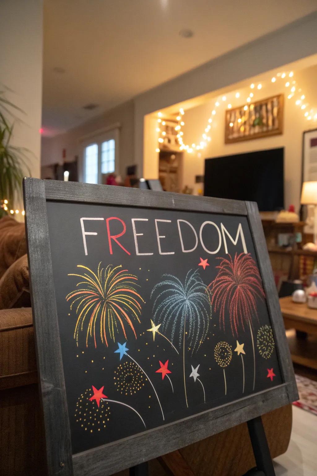 'Freedom' and fireworks create a lively chalkboard design.