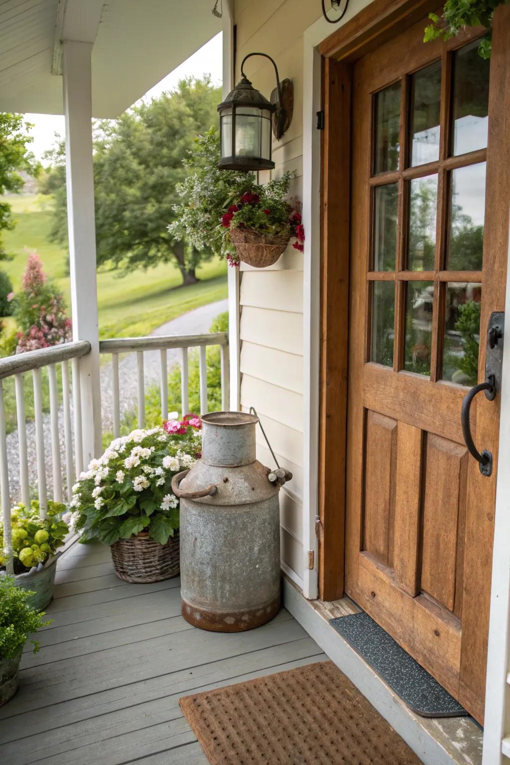 Vintage finds contribute character and charm to the entrance.