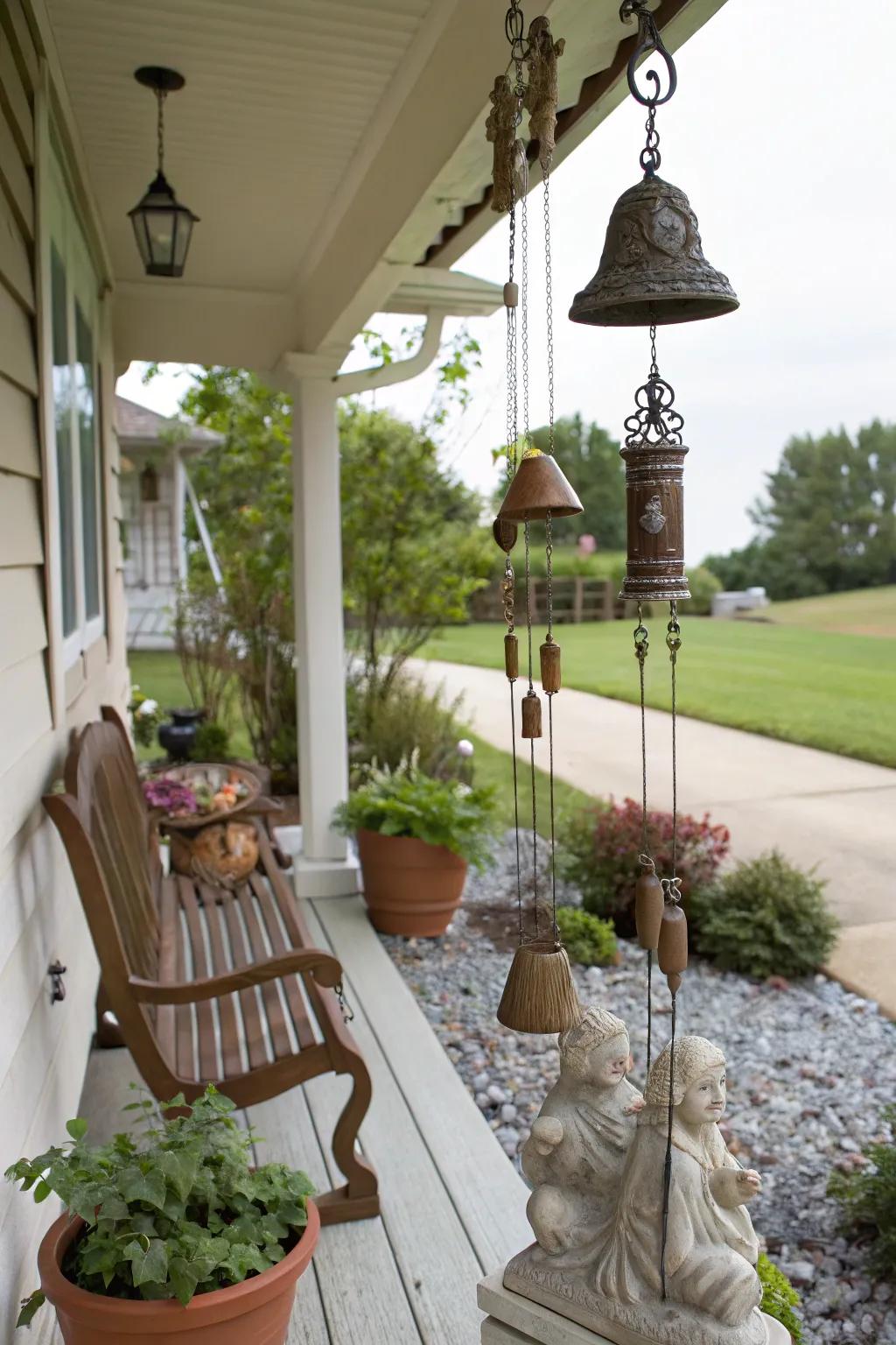 Decorative chimes and sculptures decorate a front porch.
