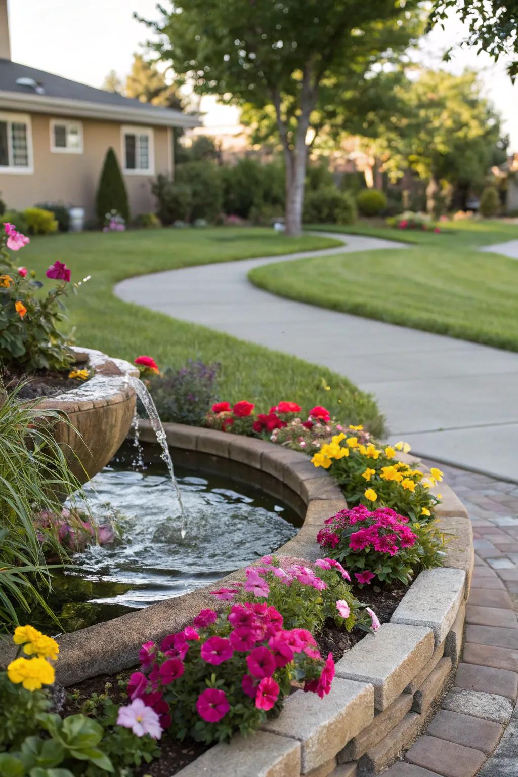 A water feature adds tranquility and a soothing soundscape to the garden.