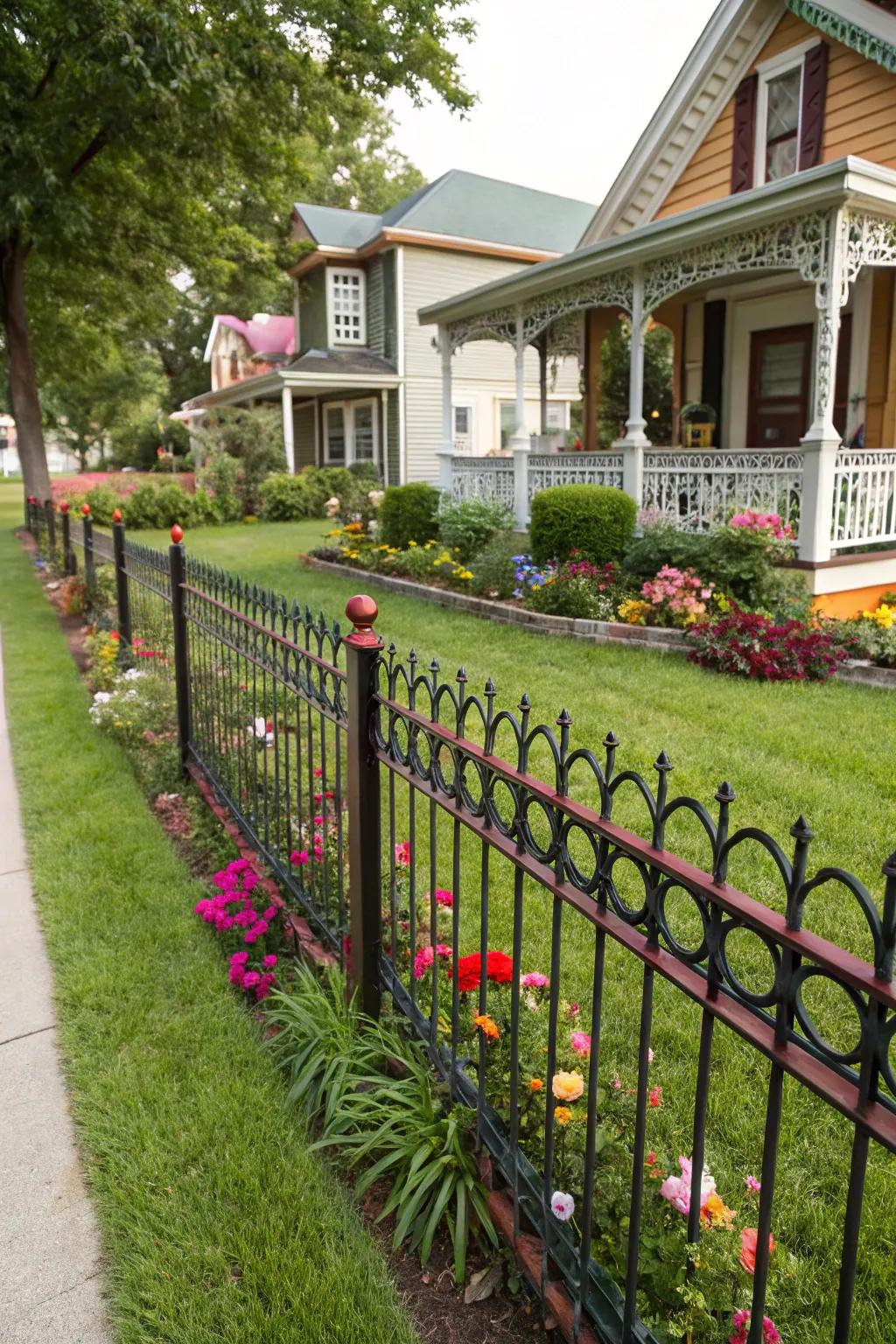 A wrought iron fence with colorful accents adding a playful touch.