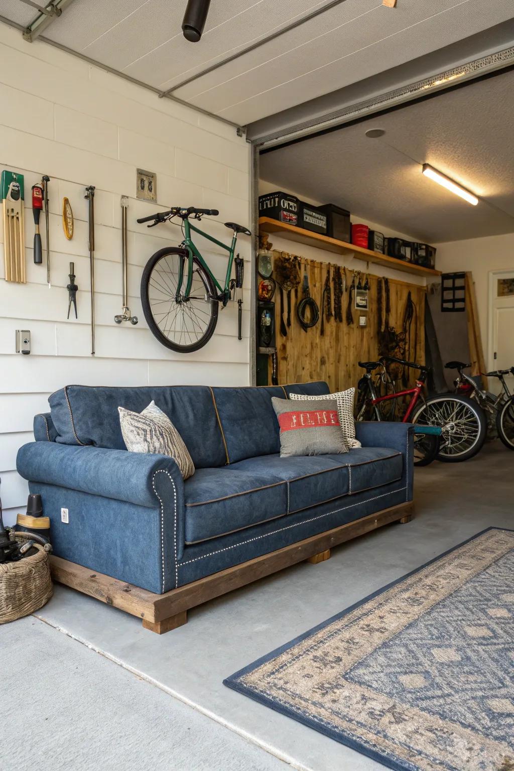 A sturdy denim couch offers a casual and laid-back vibe for your garage.