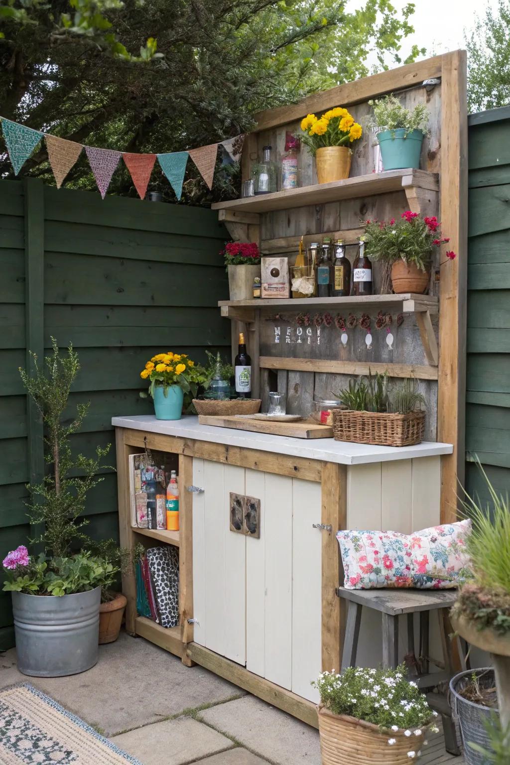 A DIY garden bar adds a social touch to outdoor spaces.