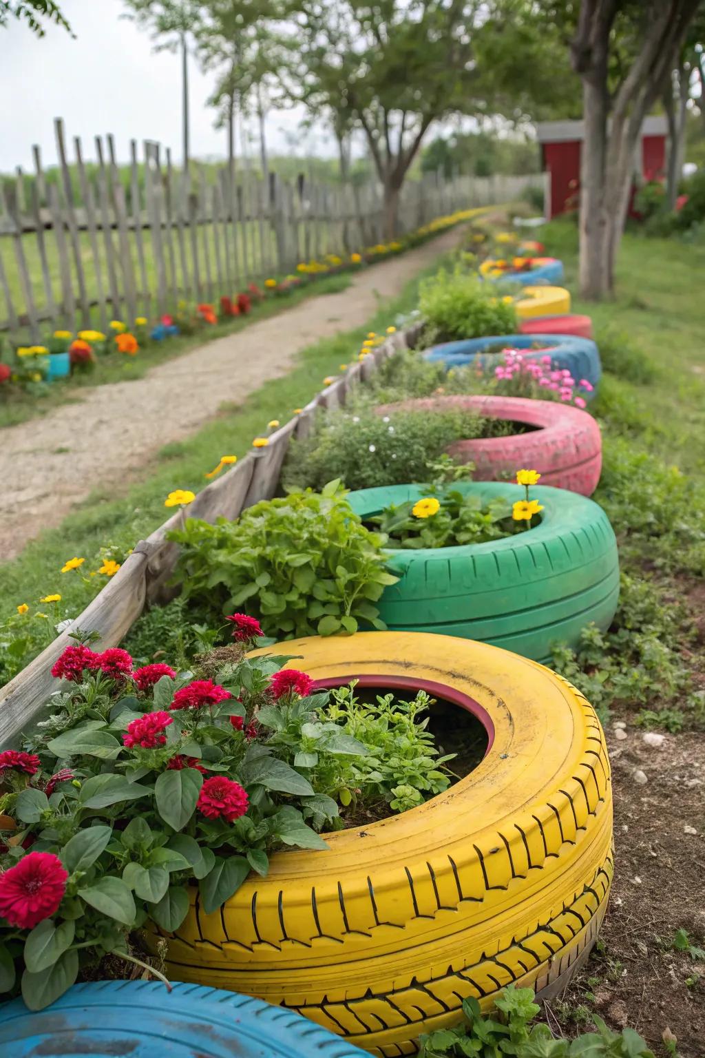 Upcycled tire planters add a dash of fun and color.