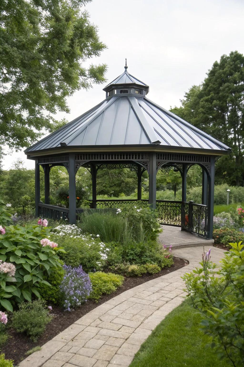 A gazebo with an alloy canopy, equipped for all weather patterns.