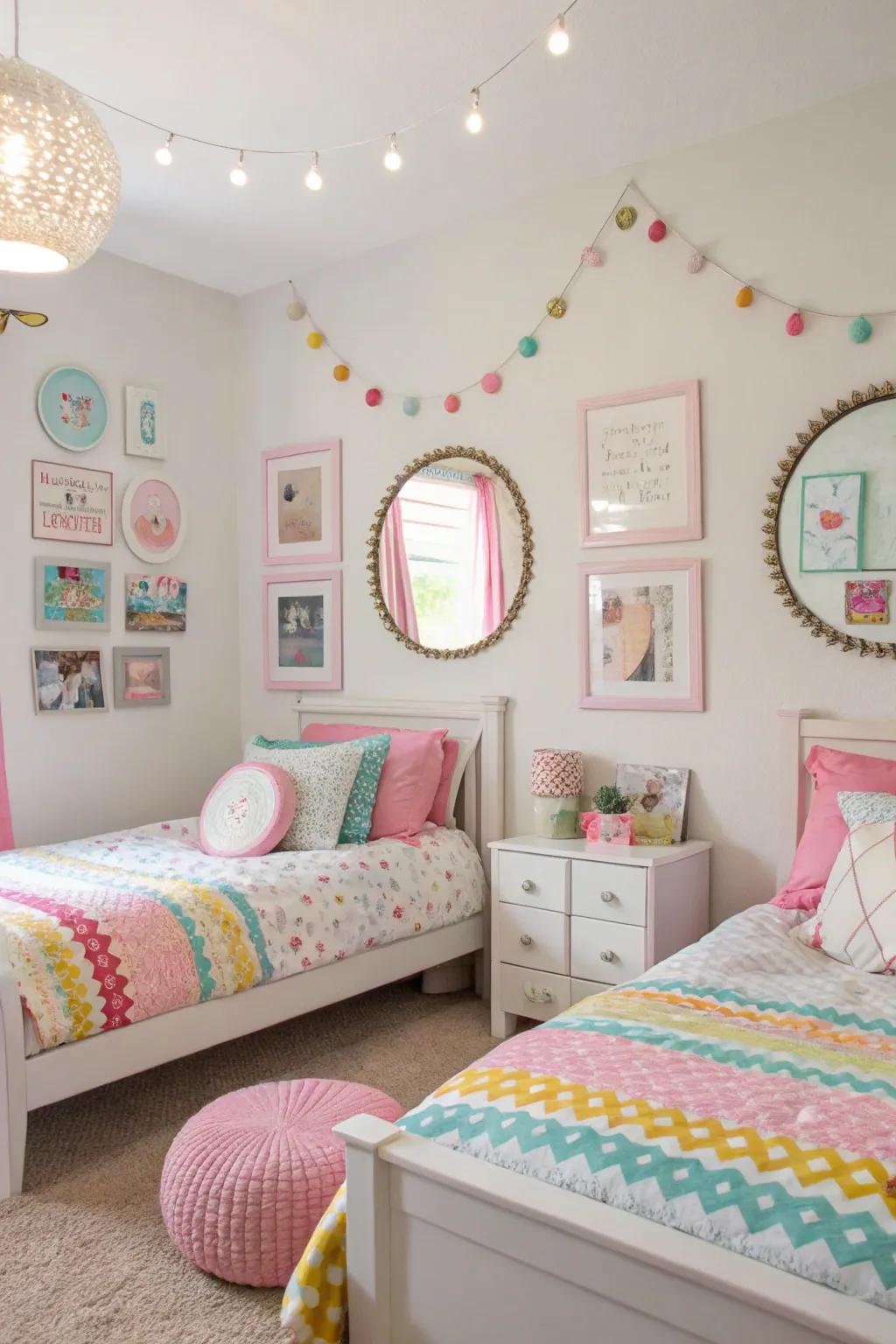 Mirrors add light and create the illusion of space in a shared room.