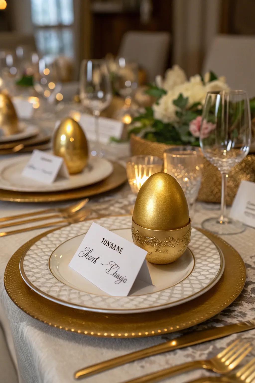 Gilded egg seating indicators introduce sophistication to your Easter dining arrangement.