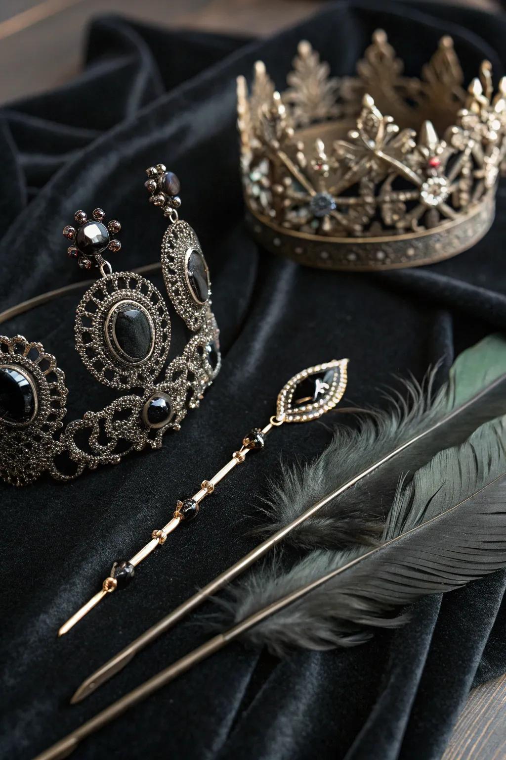 Gothic hair accessories featuring ornate fasteners and a crown.