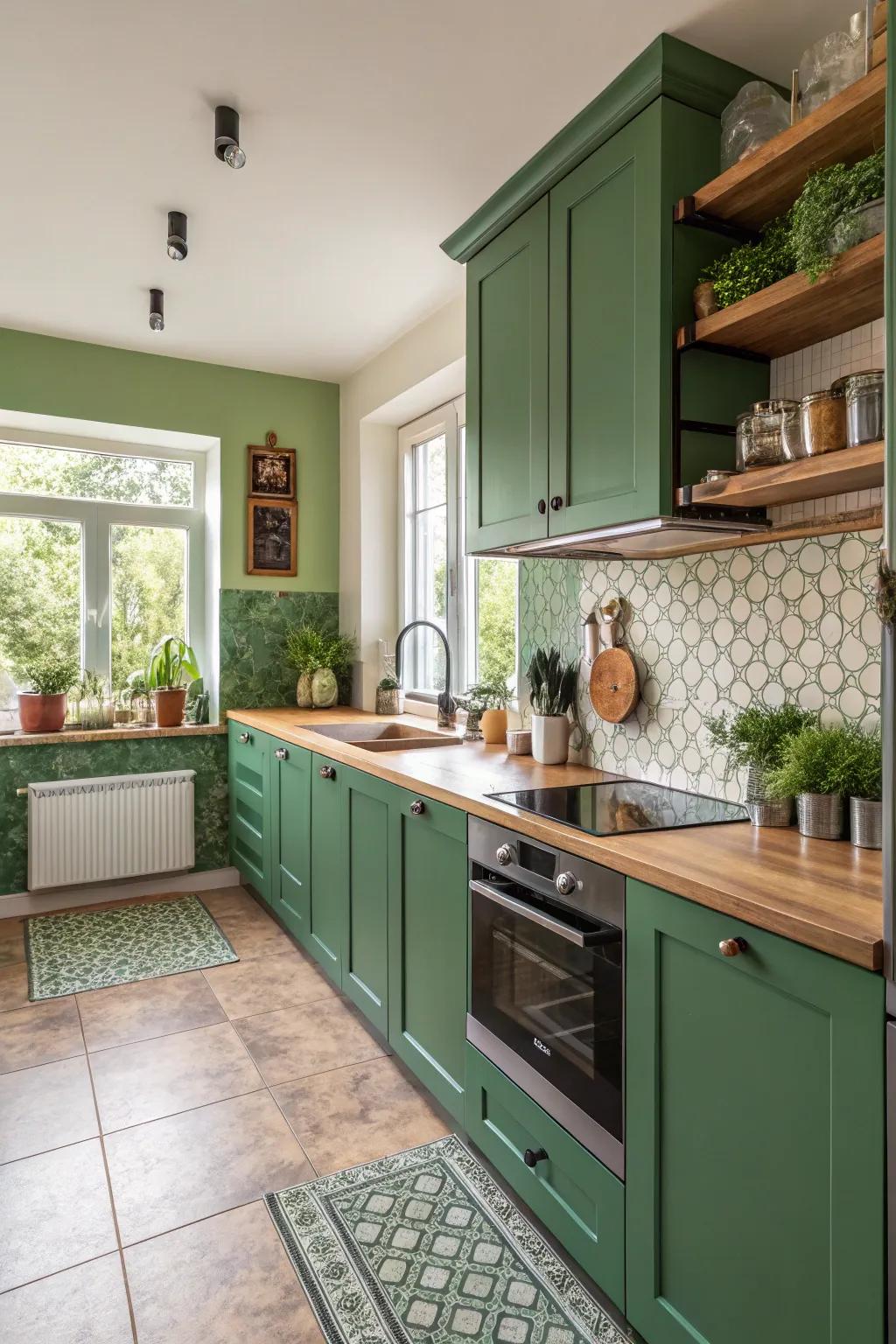 A green wall creating a vibrant backdrop in the kitchen.