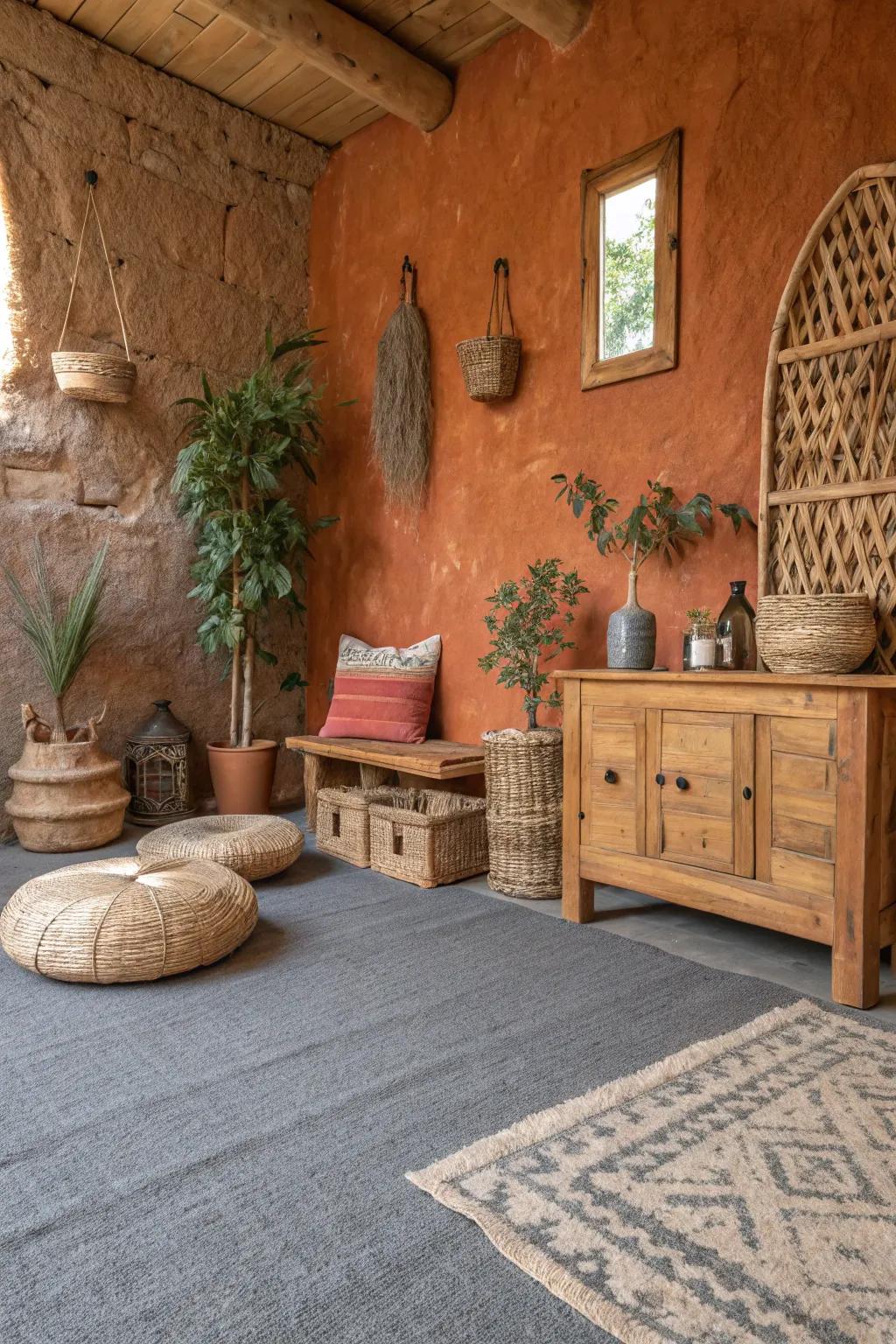 Earth-like walls bring earthy warmth to areas with gray carpets.