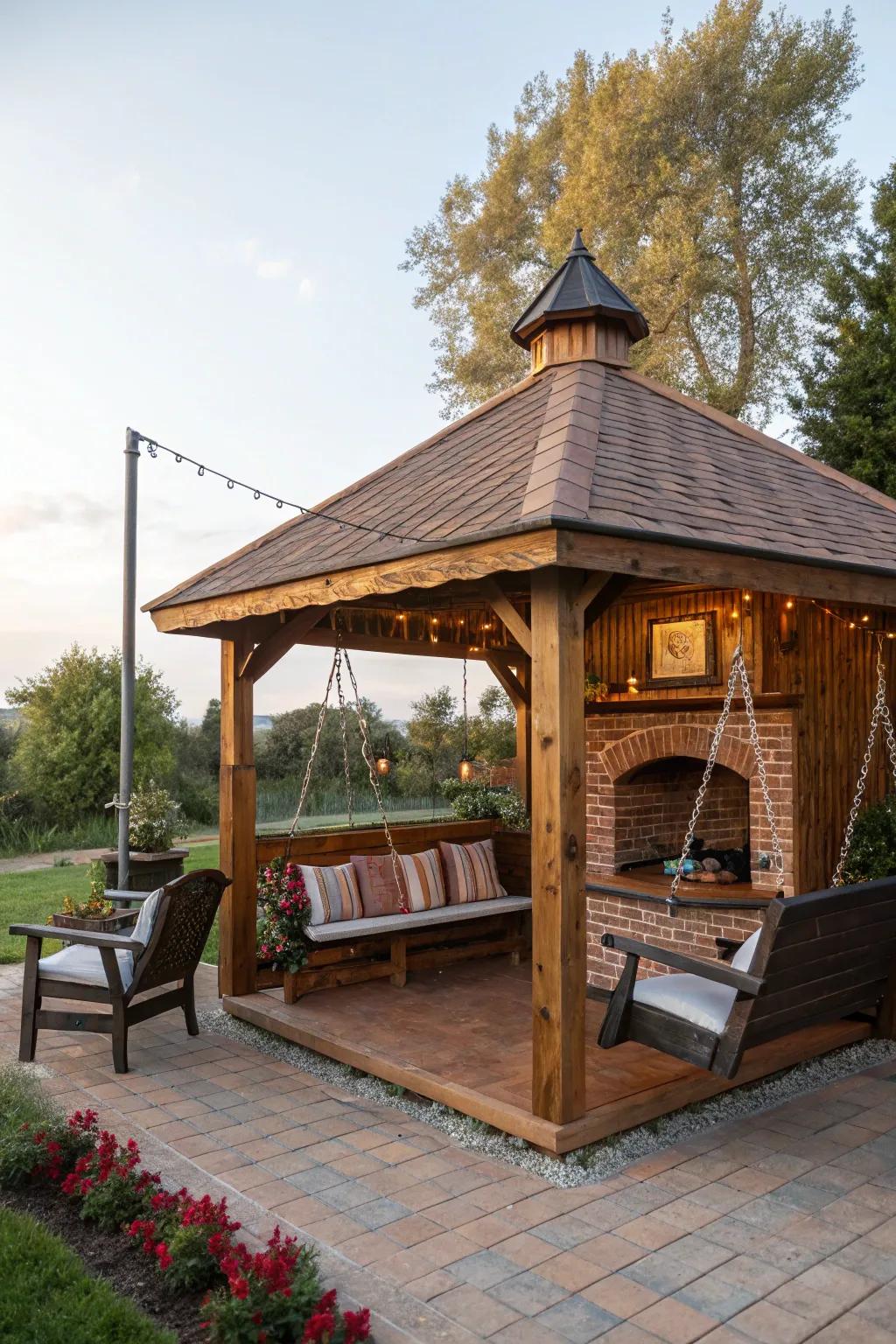 A grill hut featuring original seating options like benches and swings.