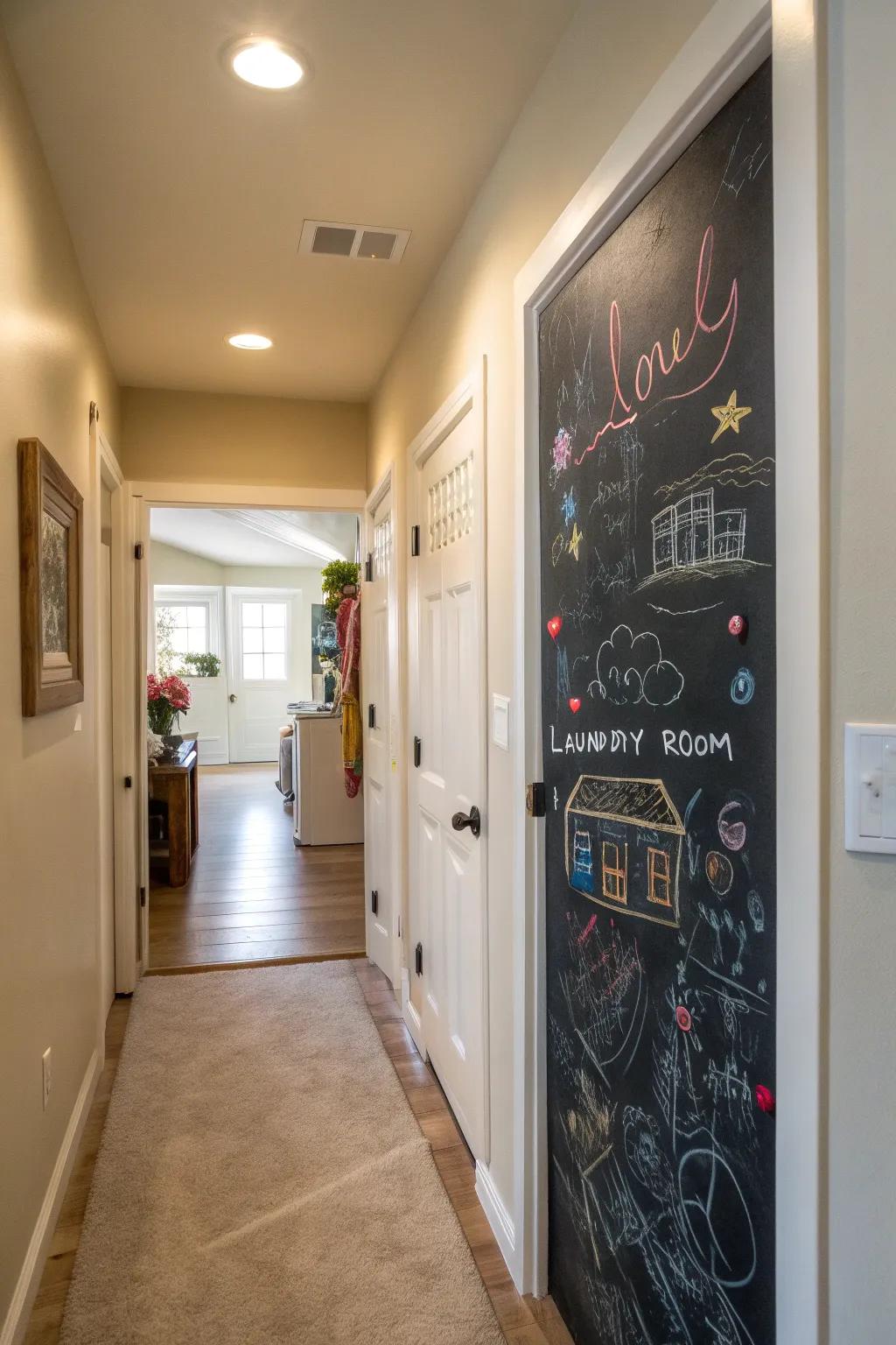 Chalkboard doors enhance creativity and functionality to a hallway laundry area.