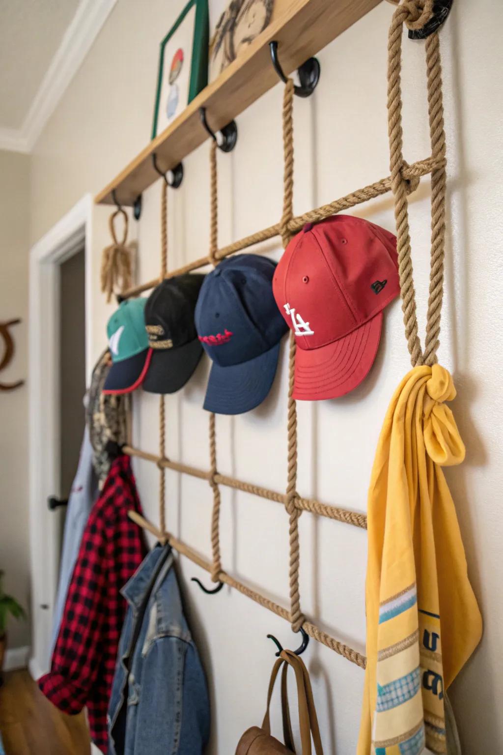 A rope rack introduces a nautical charm to your hat gathering.