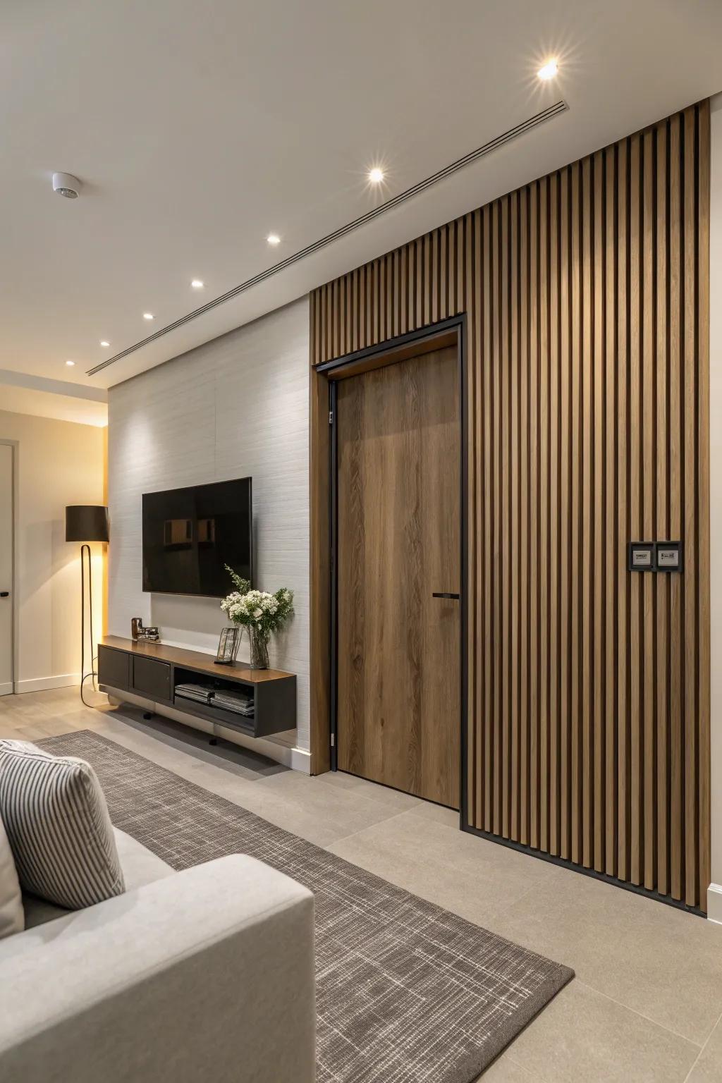 A modern living area with a hidden door camouflaged by vertical slats.