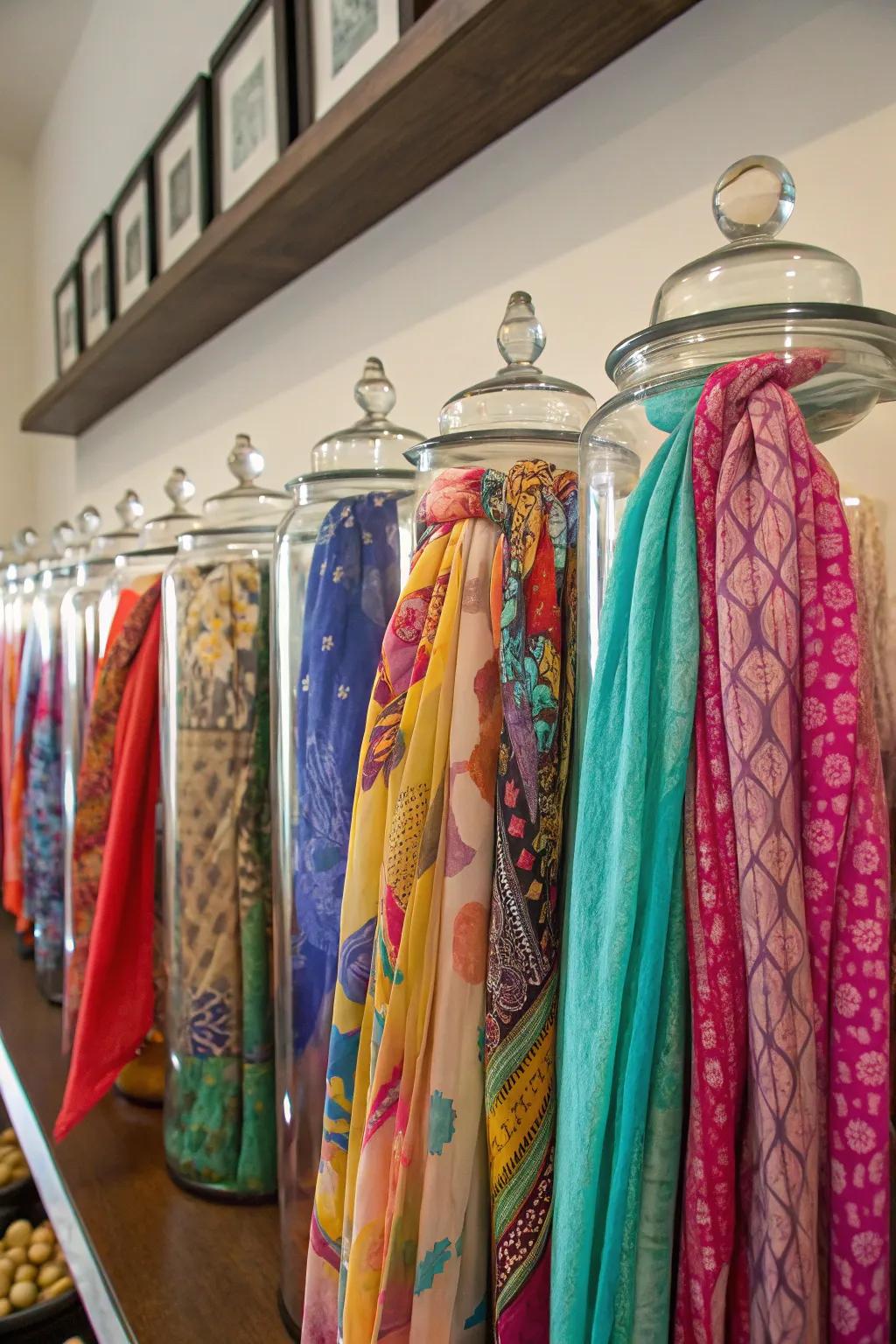 Glass jars provide decorative and protective storage for petite scarves.