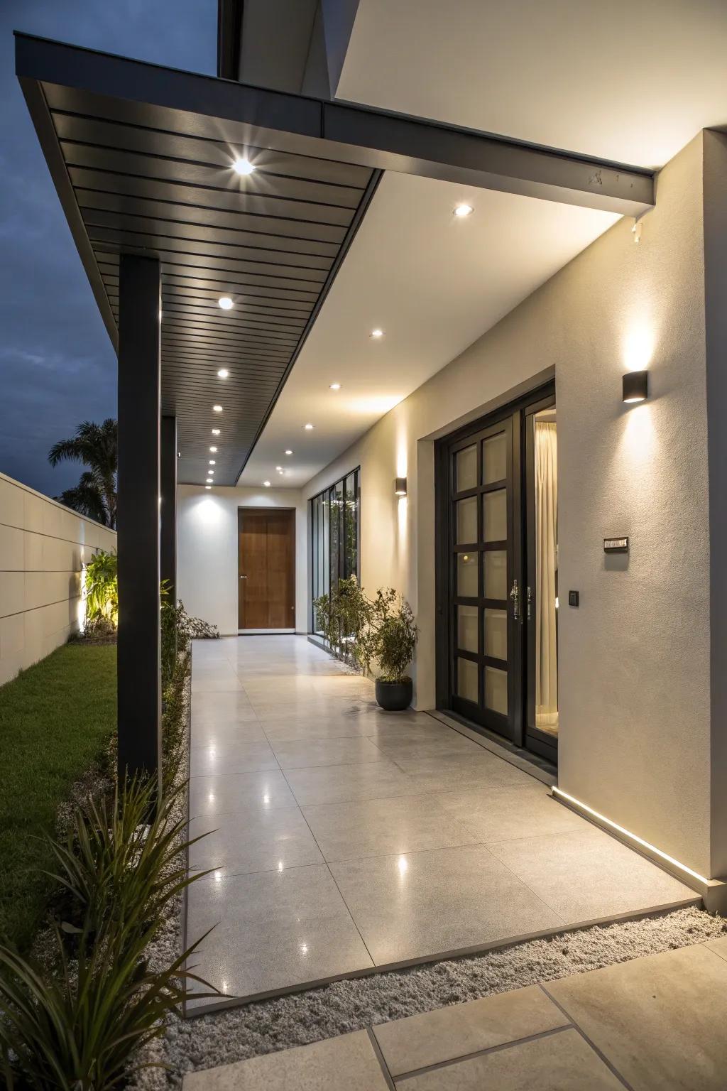 Stylish entryway featuring industrial LED awning lights